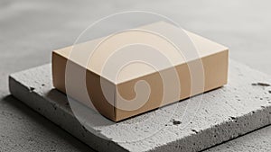 Rectangular cardboard box in a neutral beige color rests on a textured