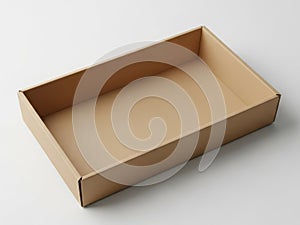 A rectangular cardboard box with an open top on a white surface