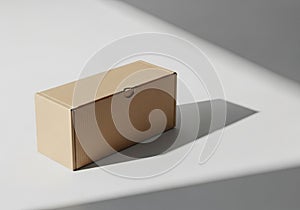 Rectangular cardboard box on a smooth, white surface. Positioned t