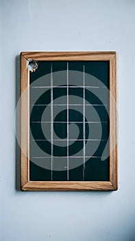 Rectangular chalkboard with grid pattern in wooden frame, slight wear and small hole