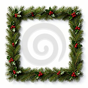 Square Christmas Frame Border of Fir Branches, Holly Leaves, and Red Berries