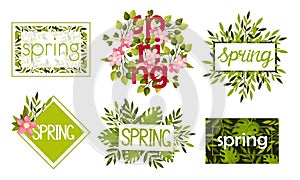 Rectangular and Circular Frames and Borders with Green Twigs and Pink Flowers Vector Set