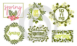 Rectangular and Circular Frames and Borders with Green Twigs and Pink Flowers Vector Set
