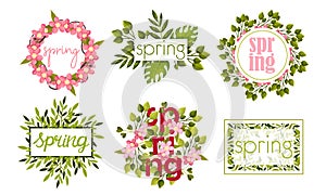 Rectangular and Circular Frames and Borders with Green Twigs and Pink Flowers Vector Set