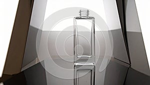 Rectangular clear glass bottle on a dark reflective surface with dramatic lighting empty