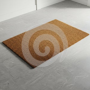 A rectangular doormat with a coarse, tufty texture and a light brown color is placed on