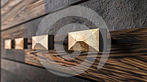 Rectangular drawer pulls with a layered geometric design for a threedimensional effect photo