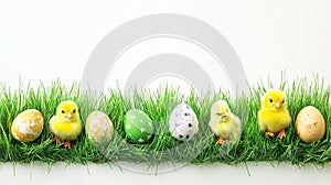 A rectangular Easter border of green grass, eggs, and small chicks