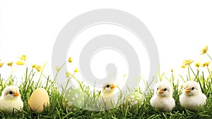 A rectangular Easter border of green grass, eggs, and small chicks