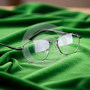 Rectangular eyeglasses with thin metal frames are placed on a green fabric. The lenses