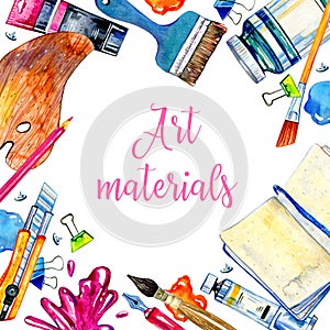 Rectangular frame with artist materials - palette, pens, brushes, notepad and tubes. Hand drawn sketch watercolor illustration