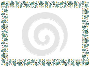 Rectangular frame with place for text from cute cartoon joyful kawaii dinosaurs and monstera leaves on a white background. Isolate