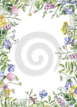 Rectangular frame with watercolor wildflowers, golden splashes, watercolor stains.
