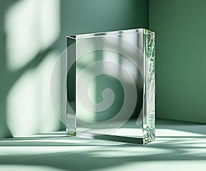 Rectangular glass block revealing refraction and light play in a green room corner elegant transparency display