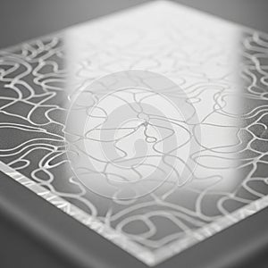 A rectangular glass panel features an intricate abstract pattern of curving lines and shapes. The