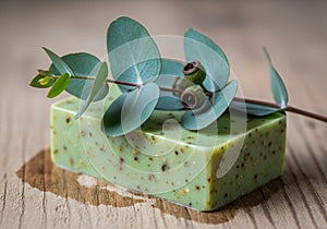 A rectangular, green soap bar is speckled with brown particles,