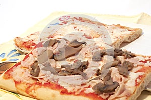 Rectangular ham and takeaway mushrooms pizza photo