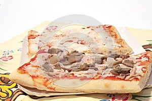 Rectangular ham and takeaway mushrooms pizza photo