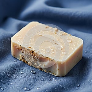 Rests on a textured blue fabric creating a contrast with the