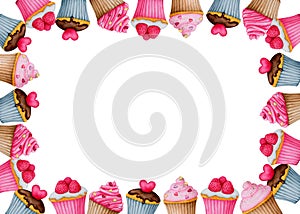 Rectangular horizontal frame of cupcakes. Watercolor border