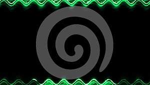 Rectangular horizontal wavy glowing neon shiny green long lines frame with moving light effect on black background. In the middle