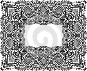 Rectangular lace frame design. Black Doily Fabric and Old lace Paisley ornament with flowers isolated on white background. Floral