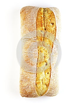 Rectangular loaf of bread isolated on a white background, top view