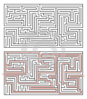 Rectangular maze of medium complexity on white and solution with red path