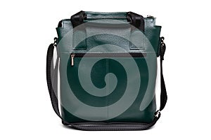 rectangular men's leather bag of dark green color on a white background
