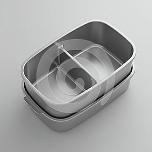 Rectangular metal container with a two-compartment design. The container features