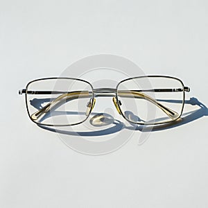 Rectangular metal eyeglasses with thin frames rest on a white surface, casting a