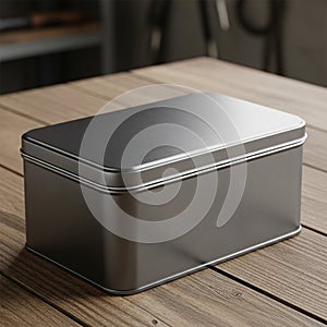 Rectangular metal tin box with rounded edges placed on a wooden surface