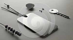 Rectangular metallic tag with a brushed surface, featuring