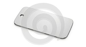 Rectangular metallic tag with rounded corners and a brushed finish. It features a small circular