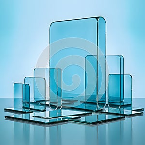 Rectangular panels on light blue background, varying in size, reflective surface.