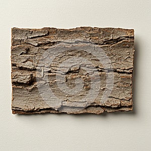 Rectangular piece of tree bark with a rough, textured surface, displaying a pattern of