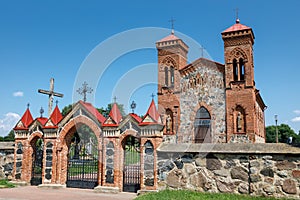 Rectangular plan, two-tower church with Neo-Gothic features of the Romantic period fence stone masonry