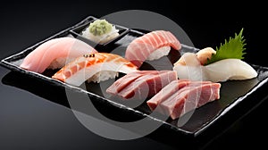 a rectangular plate holding different types of sushi with sauce