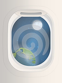 Rectangular porthole with a view of the planet earth and the moon. Porthole with a view of space. Vector illustration.