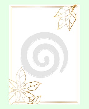 Rectangular postcard template with a rectangular frame decorated in the corner with a bouquet of decorative branches and leaves.