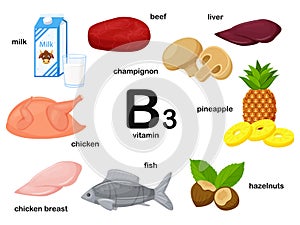 Rectangular poster with food products containing vitamin B3. Niacin. Medicine, diet, healthy eating, infographics