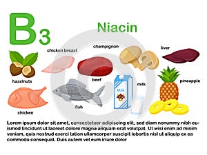 Rectangular poster with food products containing vitamin B3. Niacin. Medicine, diet, healthy eating, infographics. Products with