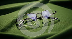 Rectangular prescription eyeglasses with thin metallic frames and nose pads rest on