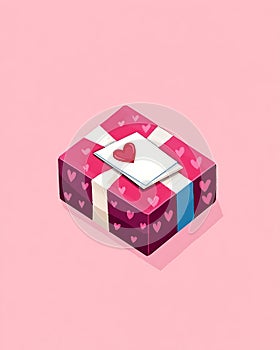 Rectangular present box with pink and red heart patterns on a pink background.