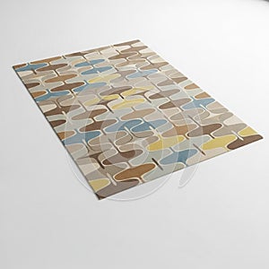 A rectangular rug with a repeating abstract geometric pattern in brown blue and yellow carpet