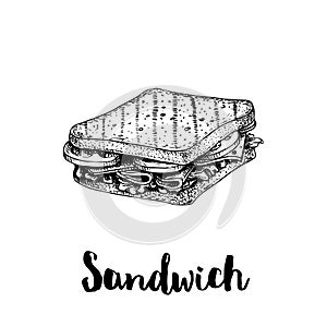 Rectangular sandwich with lettuce, ham, cheese and tomato slices. Hand drawn sketch style. Grilled bread. Fast food drawing for re