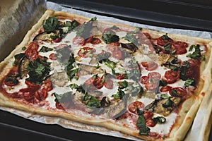 Rectangular shape and thick hand made romana`s pizza traditional italian pizza margherita closeup