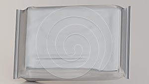 Blank Silver Foil Biscuit Packet Mockup 3D Rendering, Cookie or Cracker Packaging Template, Rectangular Shape on Light Background.