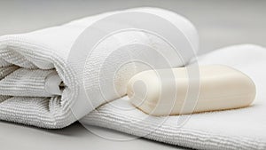 Rectangular soap bar rests atop a neatly folded stack of white