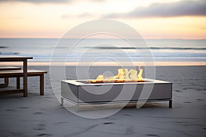 rectangular stainless steel fire pit on a beach at dusk